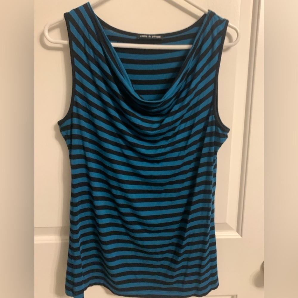 Cable & Gauge Large Sleeveless Top, striped black & blue, P2P 20, Preloved EUC